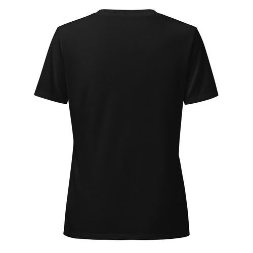 Bitter Bull monogram womens relaxed v neck tee solid black blend Bella Canvas minimalist chest logo back view
