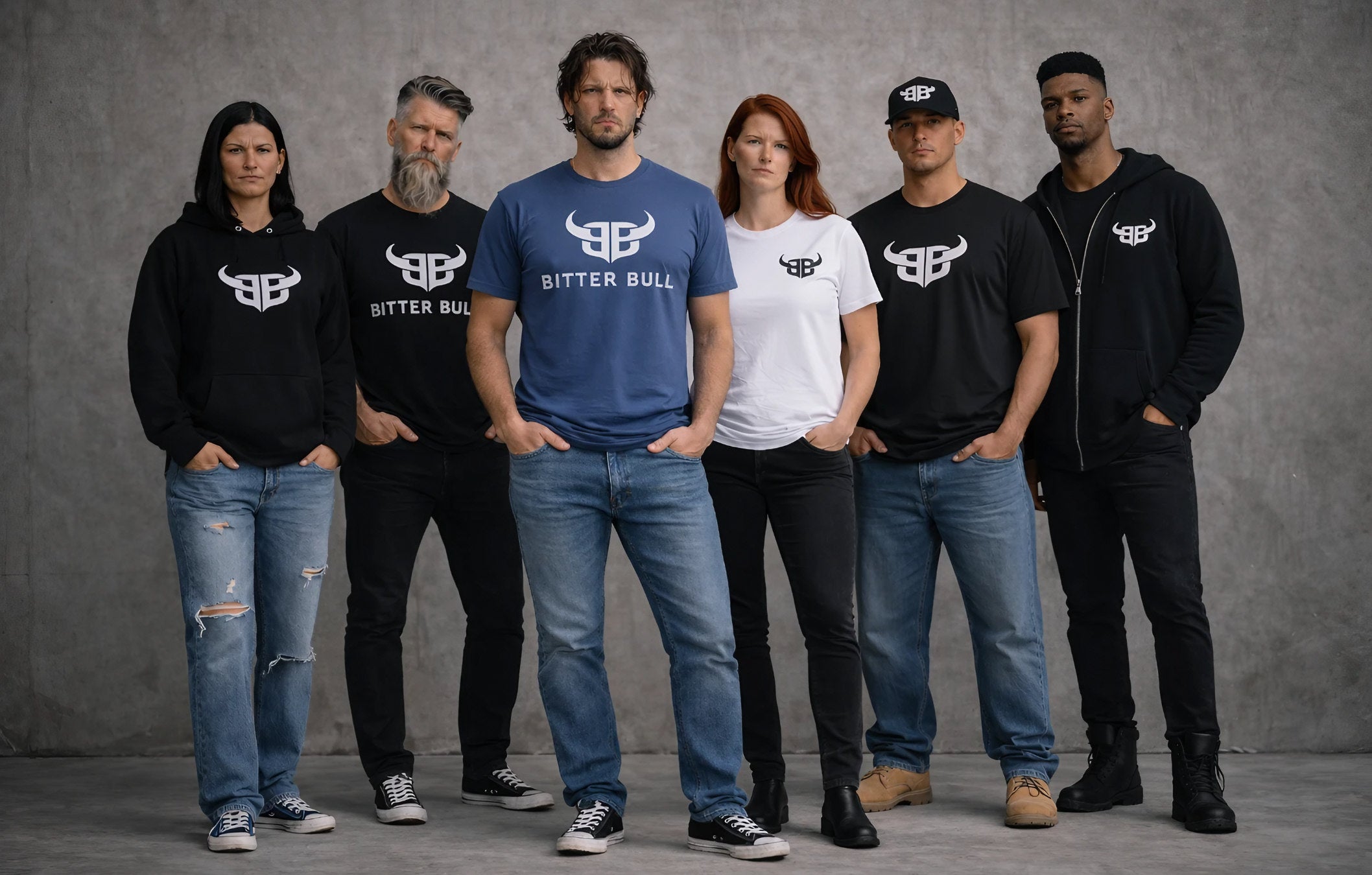Diverse group of men and women wearing Bitter Bull streetwear t-shirts, hats, and hoodies standing against a raw concrete wall with a minimal, modern aesthetic