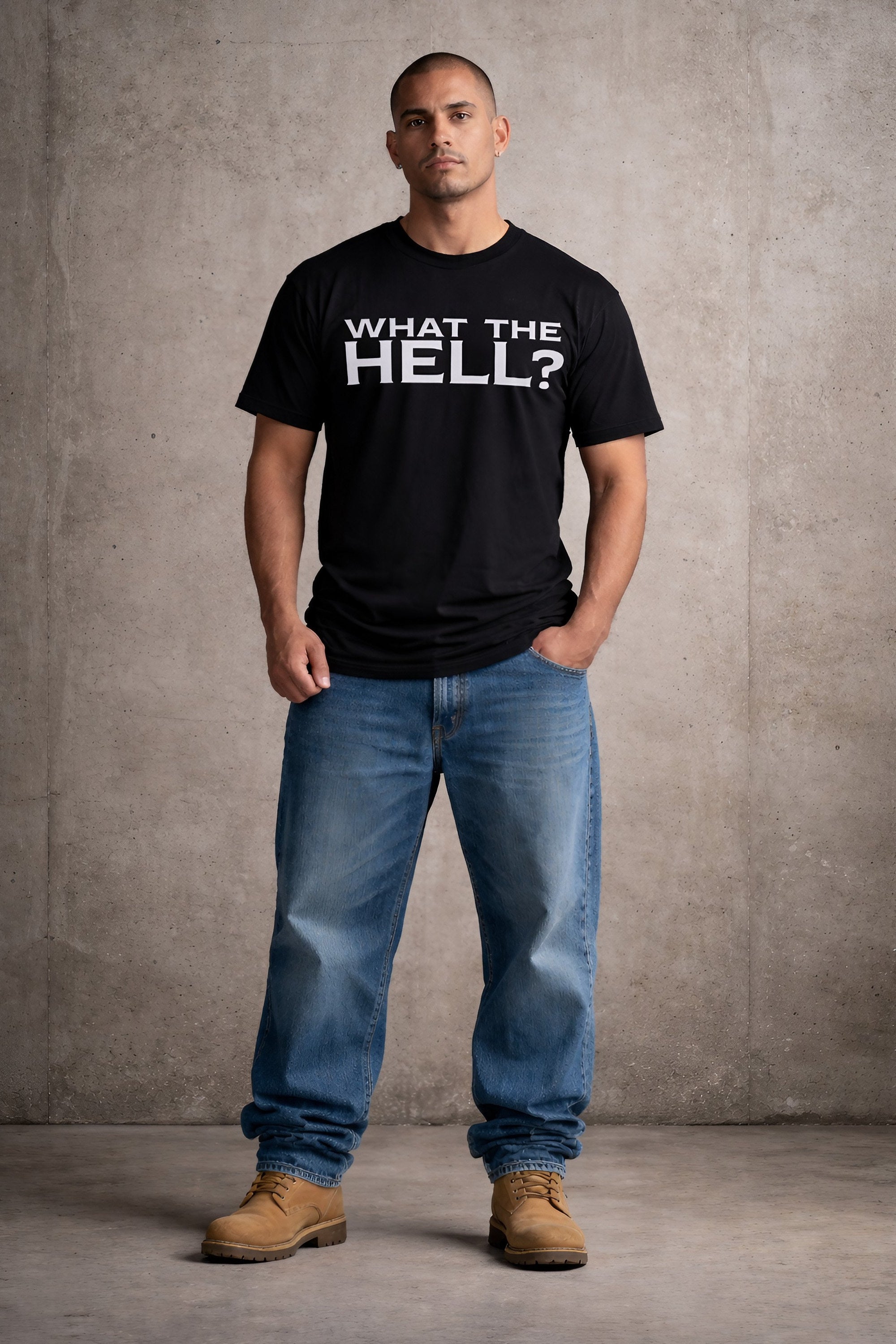 Man wearing black “What The Hell” Bitter Bull graphic t-shirt standing against raw concrete wall, full body, minimal streetwear style