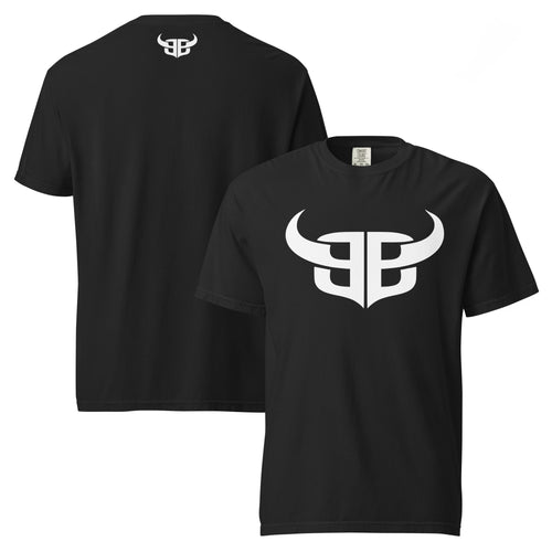 Black unisex garment-dyed heavyweight t-shirt with large white Bitter Bull monogram graphic on front and small white logo on upper back