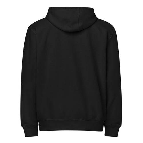 Black unisex full-zip hoodie with white embroidered Bitter Bull monogram on left chest rear view