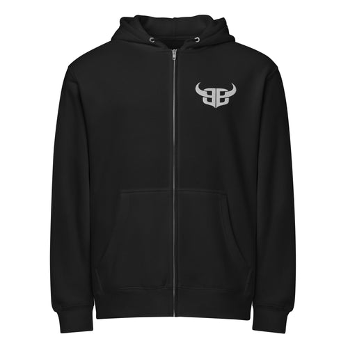 Black unisex full-zip hoodie with white embroidered Bitter Bull monogram on left chest