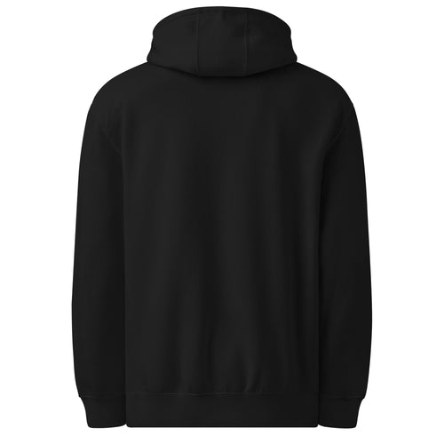Black unisex mid-weight hoodie with white embroidered Bitter Bull monogram centered on chest rear view
