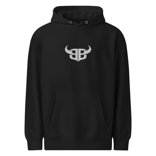 Black unisex mid-weight hoodie with white embroidered Bitter Bull monogram centered on chest