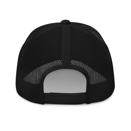Black retro trucker cap with white Bitter Bull monogram logo on front and mesh back with adjustable snap closure back view