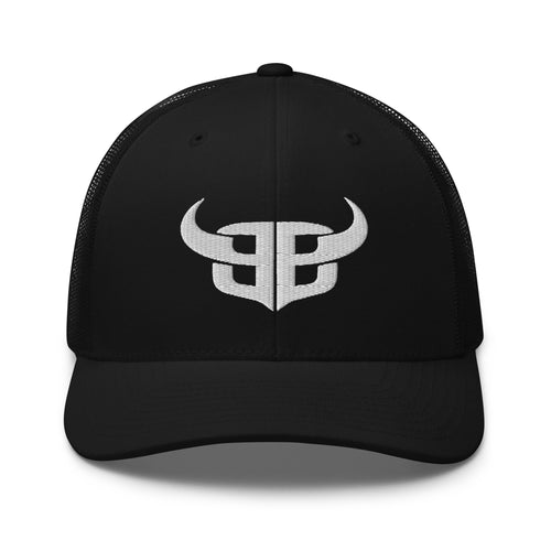 Black retro trucker cap with white Bitter Bull monogram logo on front and mesh back with adjustable snap closure