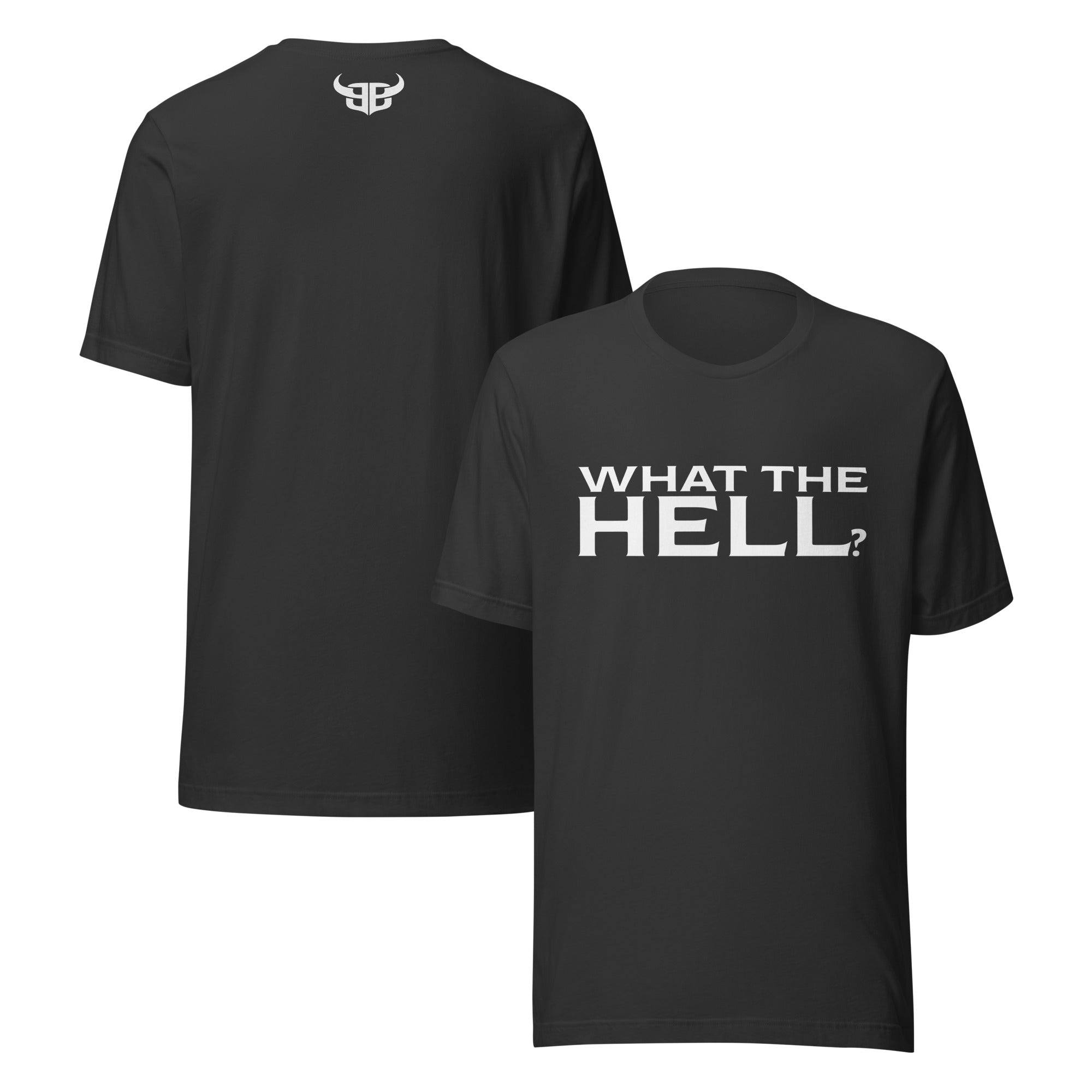 Dark Grey t-shirt with white ink text “What The Hell?” on front and Bitter Bull monogram logo on upper back