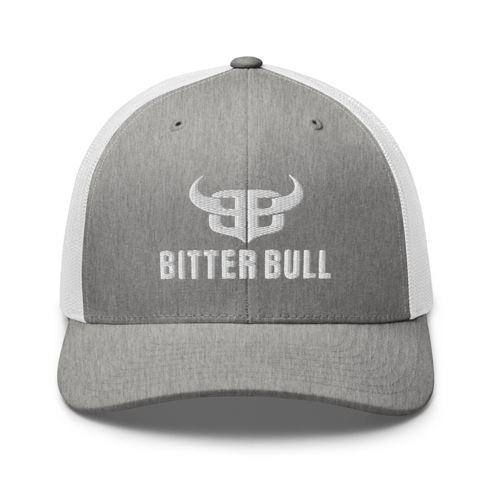 Heather grey and white retro trucker cap with white Bitter Bull logo text and monogram on front and mesh back with adjustable snap closure