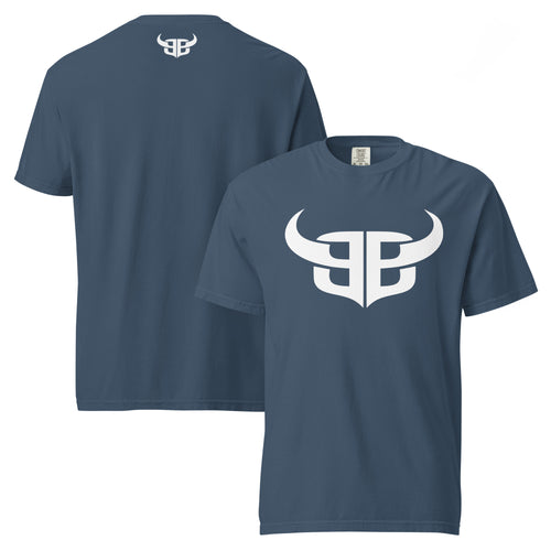 Midnight blue unisex garment-dyed heavyweight t-shirt with large white Bitter Bull monogram graphic on front and small white logo on upper back